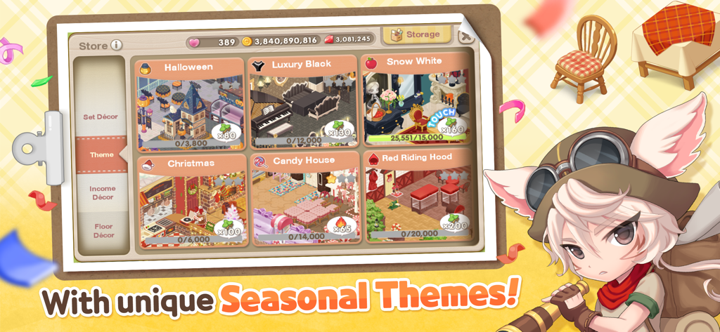 My Secret Bistro - Menu de temas sazonais do My Secret Bistro mostrando vários estilos de decoração de restaurante, como Halloween e Natal