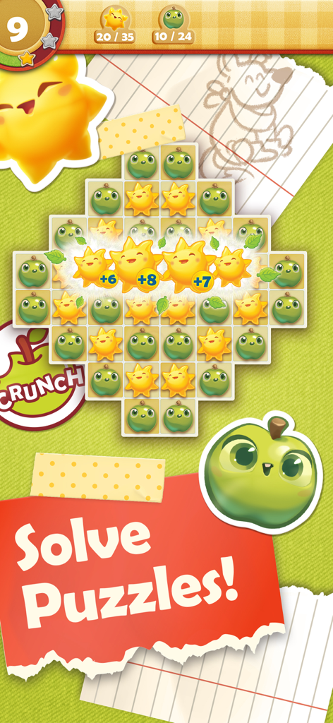 Farm Heroes Saga - Screenshot di gioco di Farm Heroes Saga che mostra un rompicapo match-3 con soli sorridenti e mele cropsies e il testo Solve Puzzles.