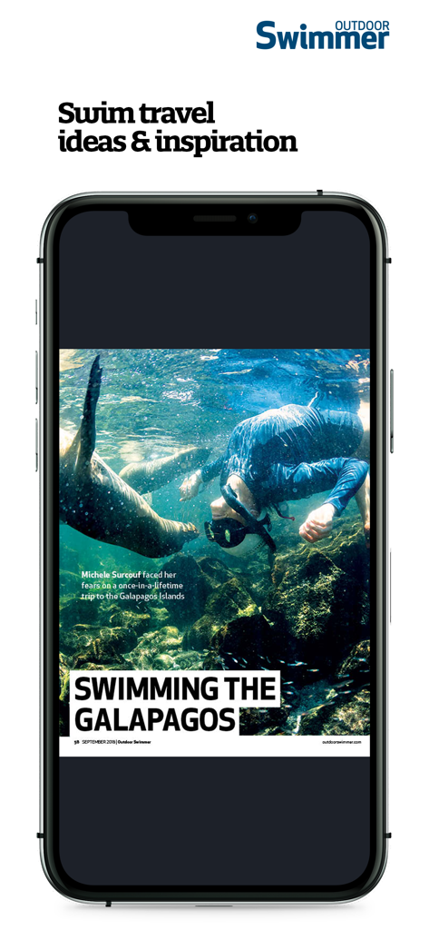 Outdoor Swimmer - Outdoor Swimmer app screen showing swim travel inspiration with an article about swimming in the Galapagos.
