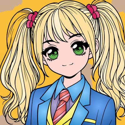 realistic girl with two ponytails and a suit on