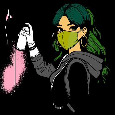 realistic girl with mask spray painting a wall