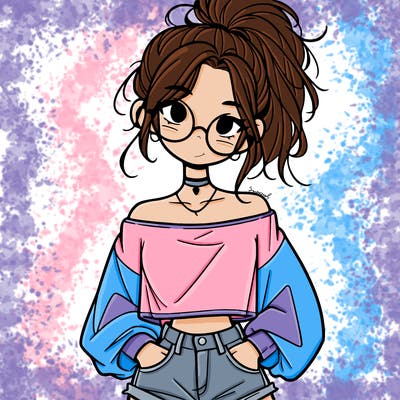 girl with a messy ponytail glasses a baggy crop top and jean shorts