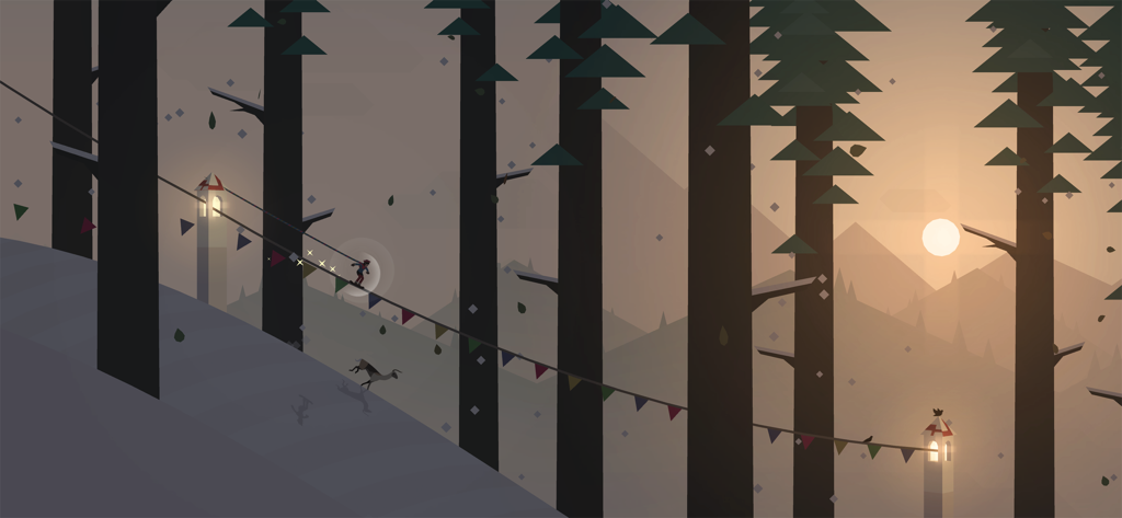 Alto's Adventure - A minimalist snowboarding character grinding on a line through a pine forest at sunset in Altos Adventure.