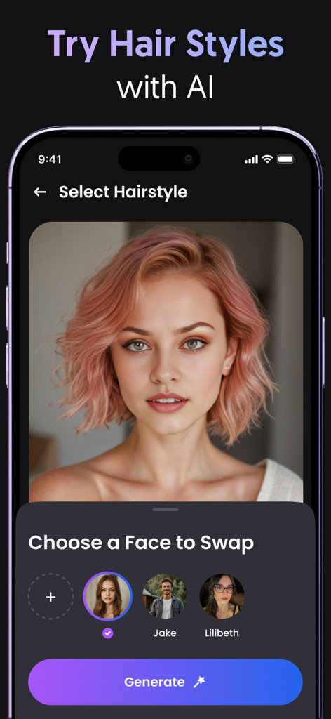 AI Video, Pix Generator・Filter - Interface de l'application Filter AI pour essayer différentes coiffures et options de changement de visage sur un portrait.