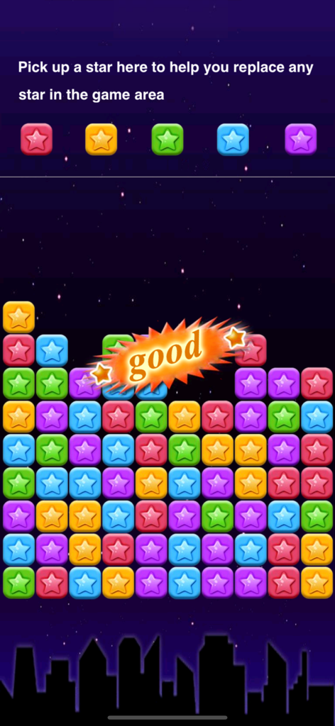 Pop Star - Block Star - Colorful grid of star blocks in a matching puzzle game with a score feedback animation.