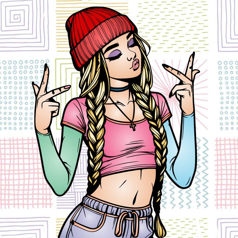 realistic teenage girl with braids and a beanie and crop top doing 🫶🏼