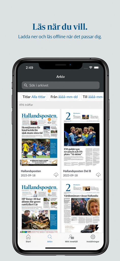 Hallandsposten e-tidning - Captura de pantalla de la pantalla de archivo de la aplicación Hallandsposten que muestra múltiples números de periódico disponibles para lectura digital