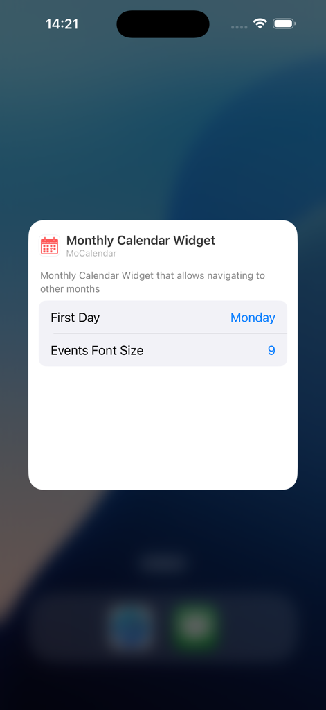 Menú de configuración para el Widget de Calendario Mensual que muestra opciones de personalización para el día de inicio y el tamaño de fuente