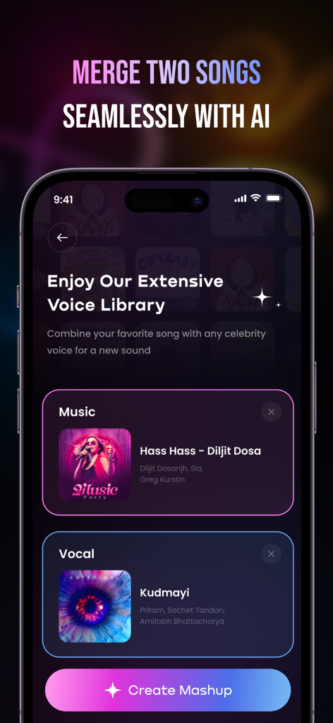 DJ Whisk AI - Make Mashup Song - Interface of DJ Whisk AI app showing the process of merging two songs seamlessly with AI to create a mashup