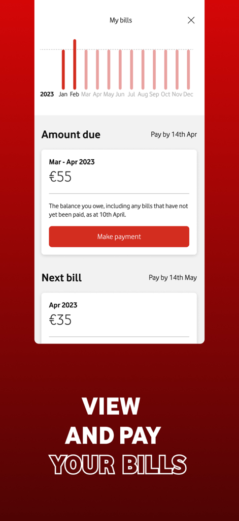 My Vodafone Ireland app interface showing monthly billing overview and payment options