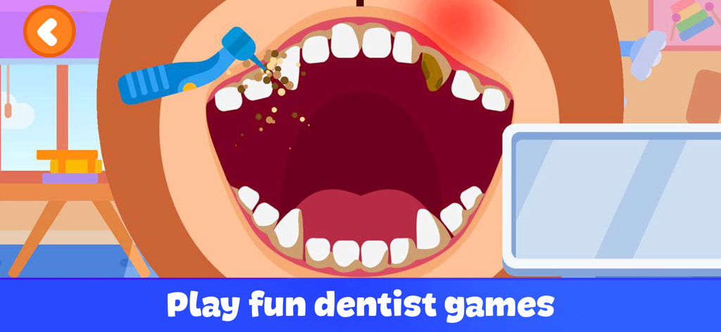 Pet Doctor - Games for Kids - 子供向けペットドクターゲームで、歯科用器具で歯をきれいにしてもらっている漫画のクマ