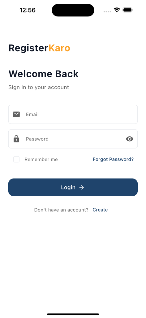 RegisterKaro - Tela de login do aplicativo Register Karo para serviços de incorporação de empresas e fiscais