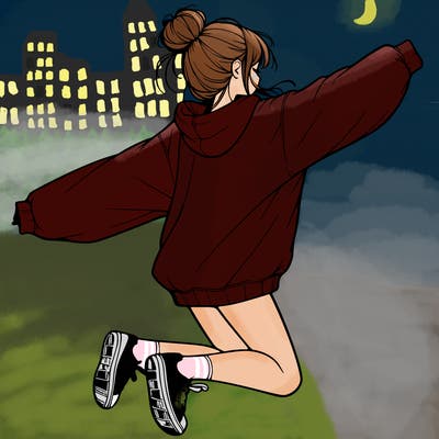 realistic girl jumping with a bun and oversized sweatshirt