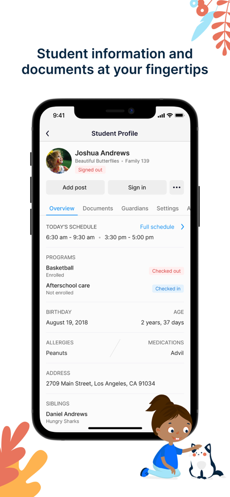 Playground: Child Care App - Perfil digital del estudiante en la aplicación de guardería Playground que muestra el horario del niño, alertas de salud y detalles personales.