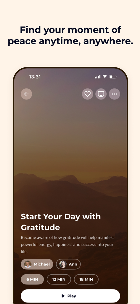 Meditation Moments - Guided - スマートフォンの画面。瞑想の時間アプリで、朝の感謝の瞑想セッションを表示。時間とガイドのオプションあり