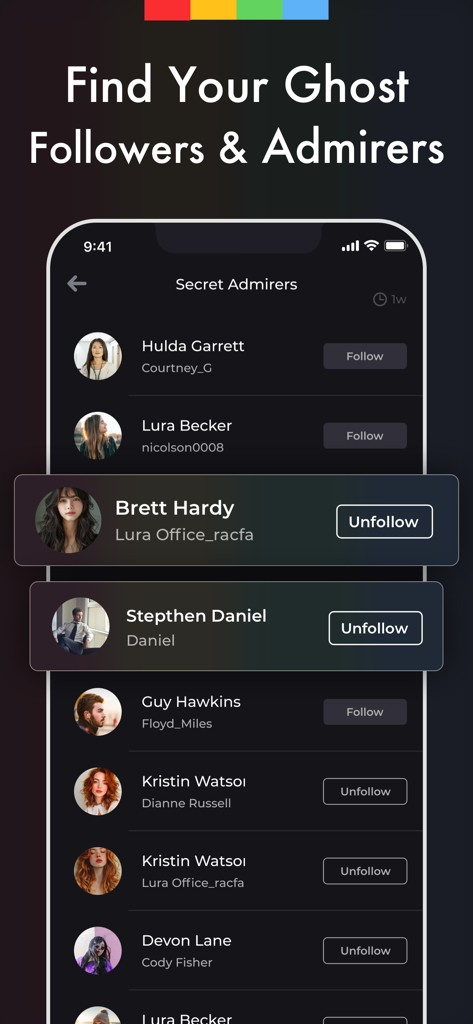 Reports Unfollowers Followers+ - Mobile app interface showing secret admirers list with options to follow and unfollow profiles