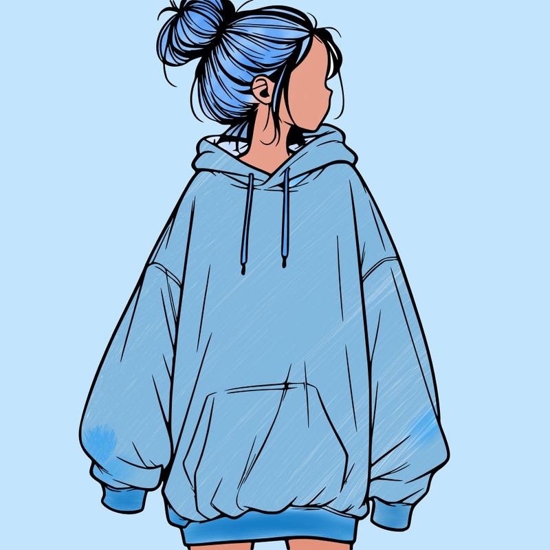 realistic girl with a oversized sweatshirt on and a bun
