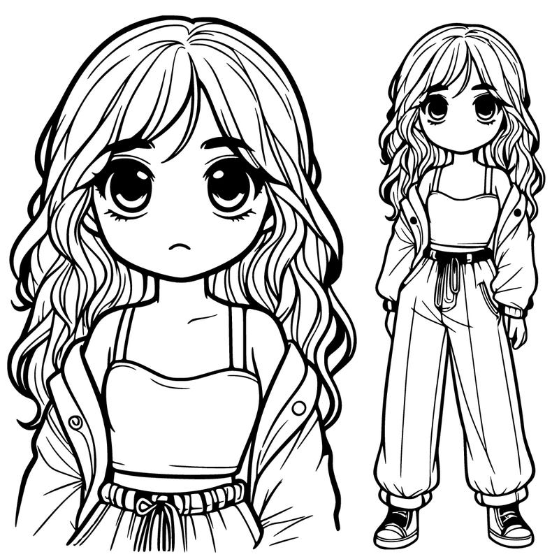 a realistic girl, with eyes, a small mouth, medium and wavy hair, baggy pants and a tank top