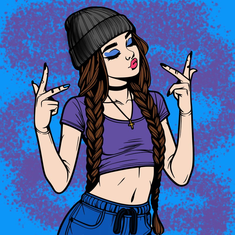 realistic teenage girl with braids and a beanie and crop top doing 🫶🏼
