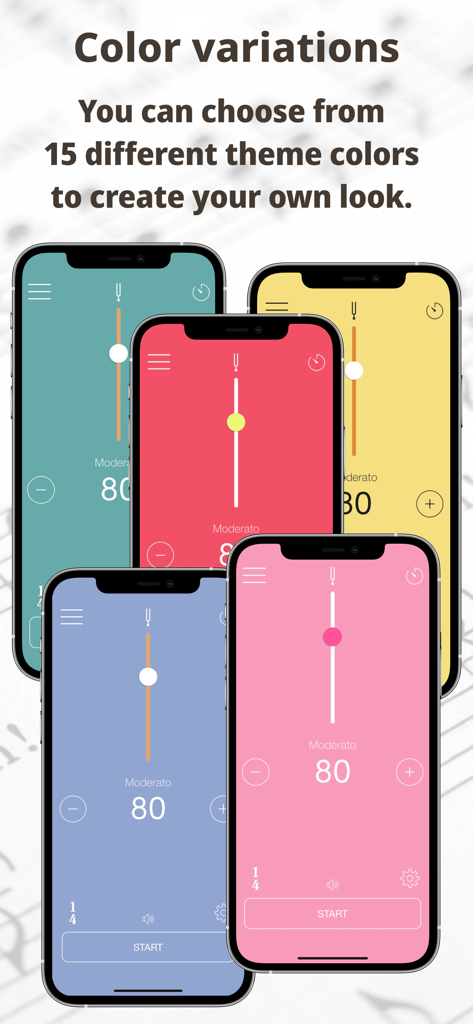 Smart Metronome app interface displaying five different color theme variations on smartphones