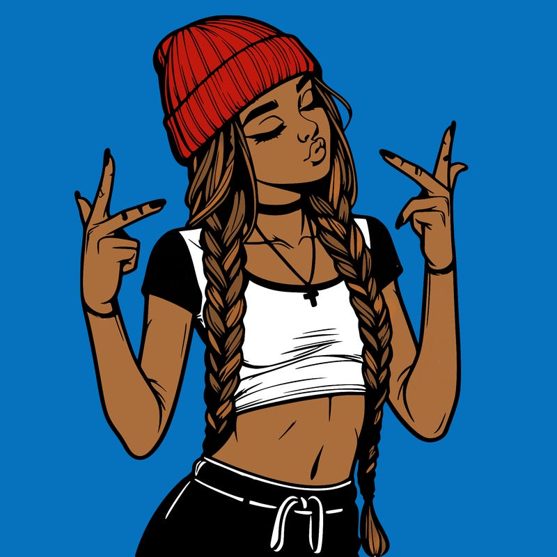 realistic teenage girl with braids and a beanie and crop top doing 🫶🏼