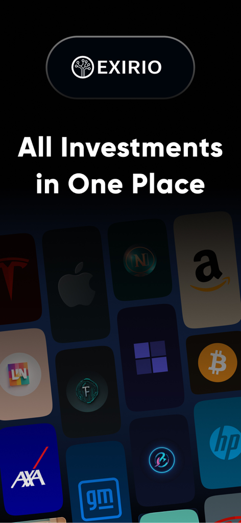 Exirio: Portfolio Tracker - Interfaz de la aplicación Exirio mostrando el eslogan Todas las Inversiones en un Solo Lugar con varios iconos de acciones y criptomonedas