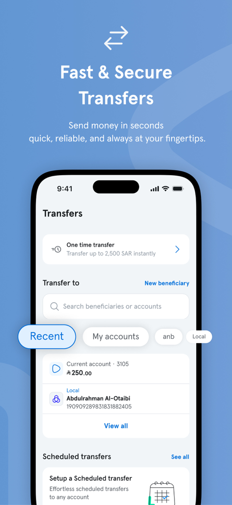anb - arab national bank - A smartphone displaying the anb mobile app transfer screen with options for one-time and scheduled money transfers