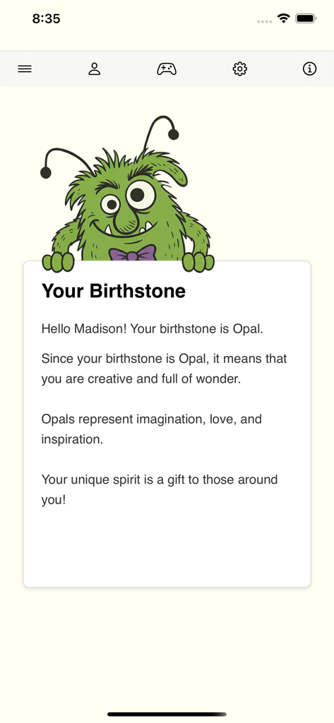 Days until my birthday - Descrição personalizada da pedra de nascimento para Opala com um personagem monstro verde fofo