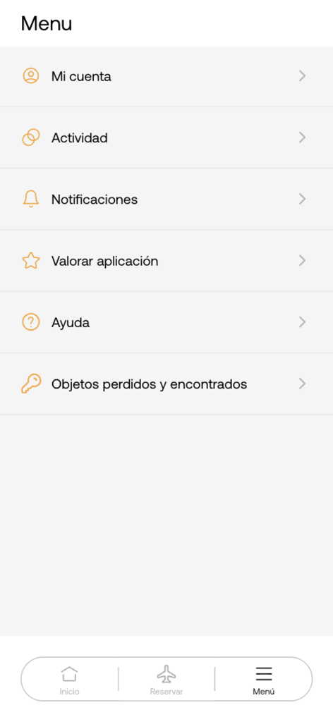 Pantalla del menú de la aplicación Mallorcab mostrando opciones para la gestión de la cuenta, el seguimiento de la actividad y los servicios de objetos perdidos.