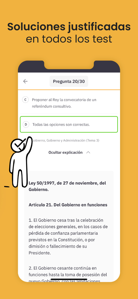 Pantalla móvil de OpositaTest que muestra una pregunta de test con una explicación legal detallada de la respuesta correcta