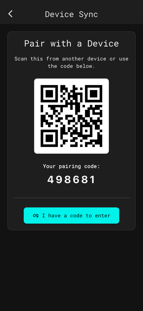 UniDrop - File Sharing - Schermata di associazione con un codice QR e un codice numerico per sincronizzare i dispositivi nell'app UniDrop