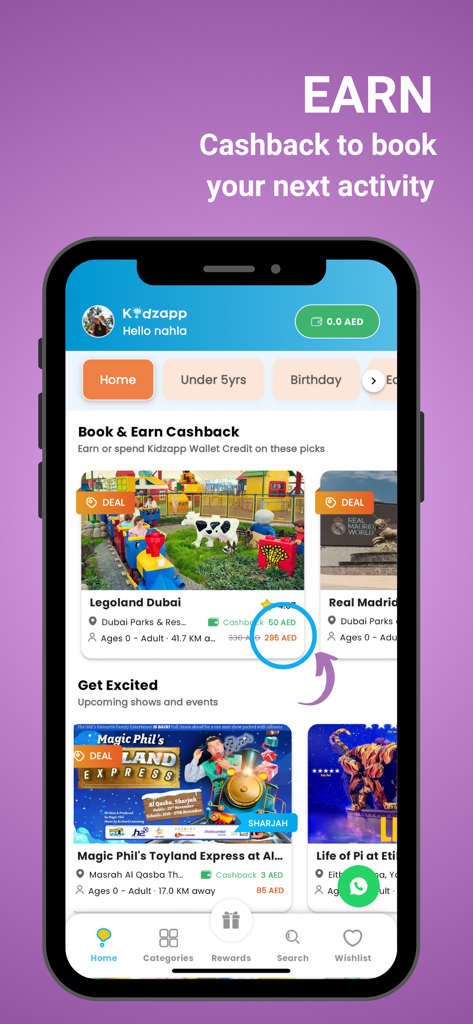 Kidzapp - Family Activities - Kidzapp App-Dashboard zeigt kuratierte Familienaktivitäten und Cashback-Belohnungen