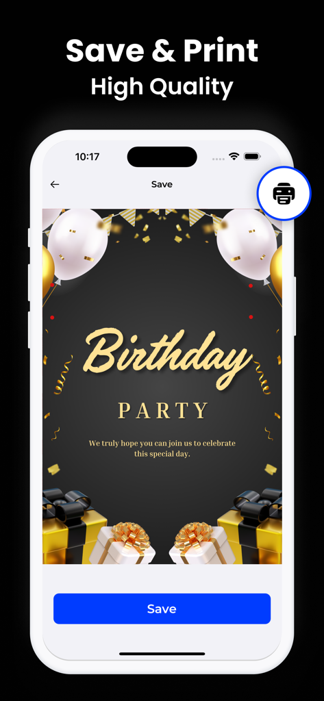 AI Poster Maker - Flyer Maker! - AI Poster Maker app interface showing a birthday party flyer with options to save and print in high quality