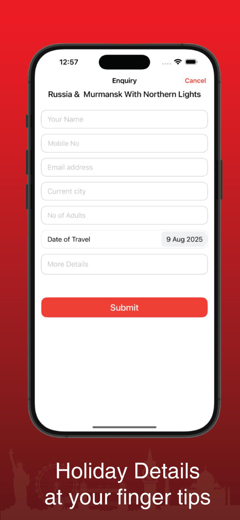 Kesari Tours - Kesari Tours mobile app enquiry screen for booking a Russia trip