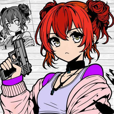 teenage anime girl baddie in a messy bun holding a gun