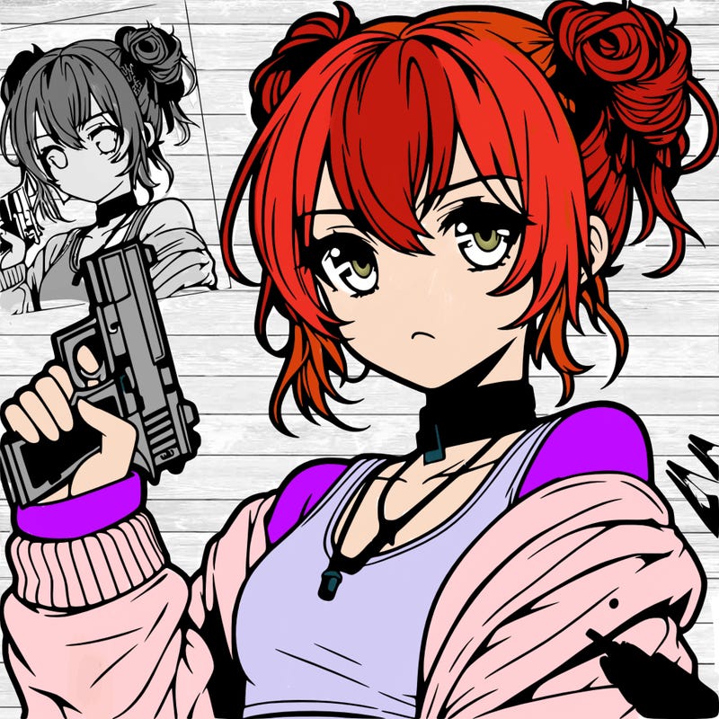 teenage anime girl baddie in a messy bun holding a gun
