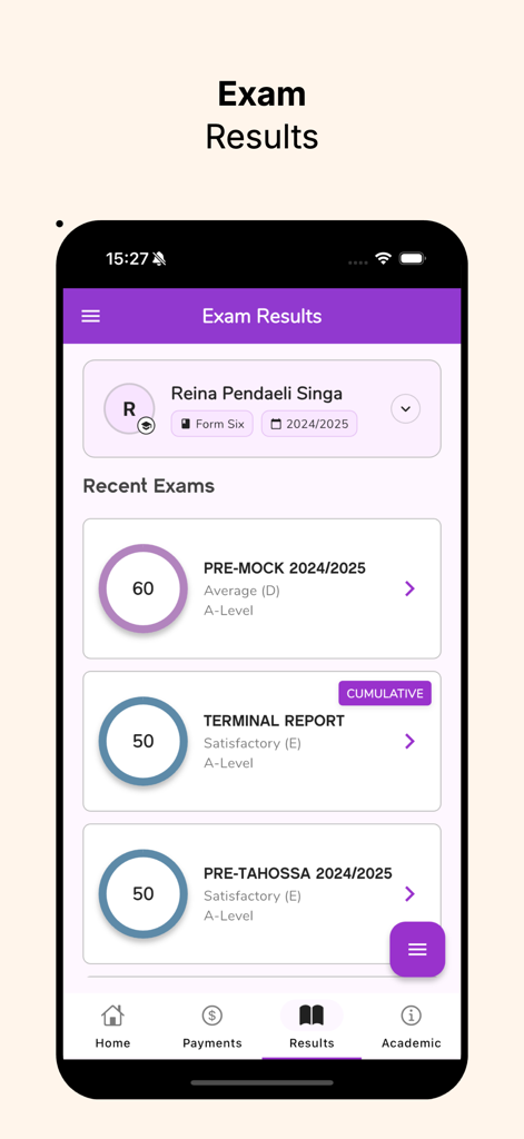 Fountain Day Cares Tz - Tela do aplicativo móvel exibindo resultados de exames do aluno e relatórios de desempenho acadêmico