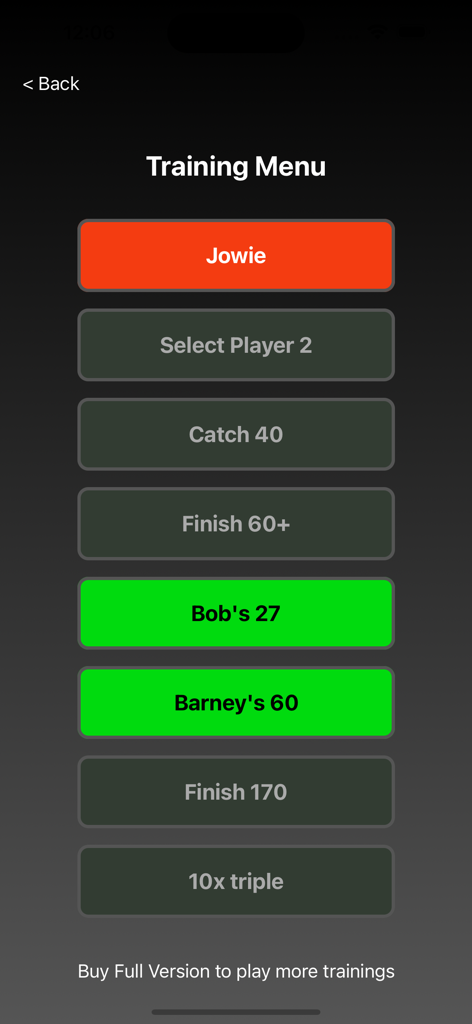DartCohol Dart Scoreboard Lite - DartCohol training menu screen with various practice games