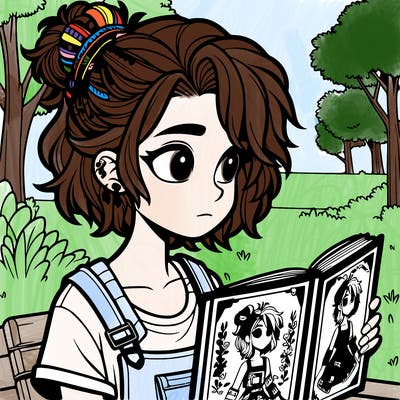 10year old with medium hair and overalls reading "harry potter" in a park with messy bun t-shirt pierced ears