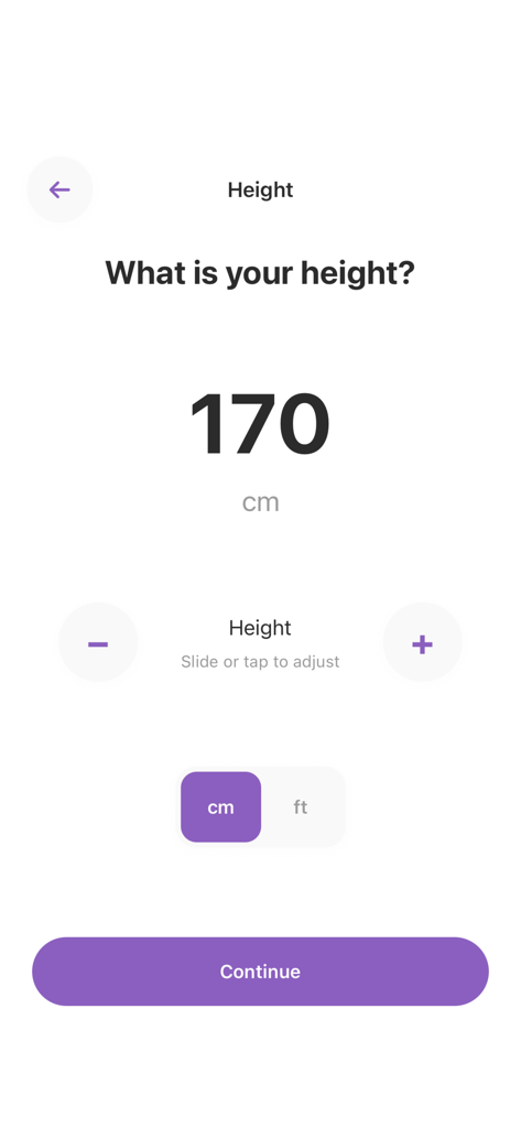 Home workout app: No Equipment - Interfaz de usuario para establecer la altura en centímetros o pies durante el proceso de incorporación a la aplicación