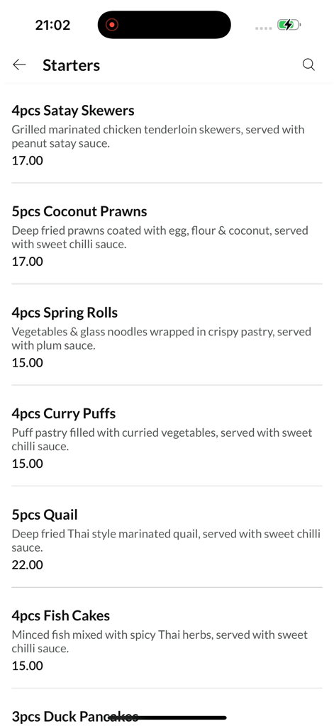 A list of appetizer options on the Thaigga app starters menu including Satay Skewers and Spring Rolls.