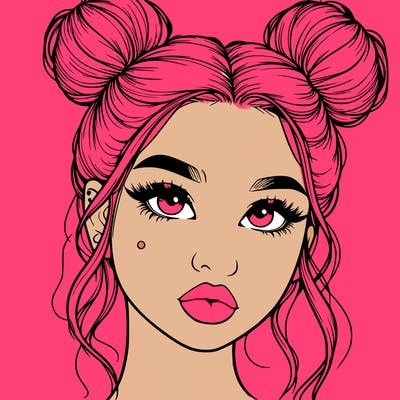 realistic girl with two buns on her hair and lips