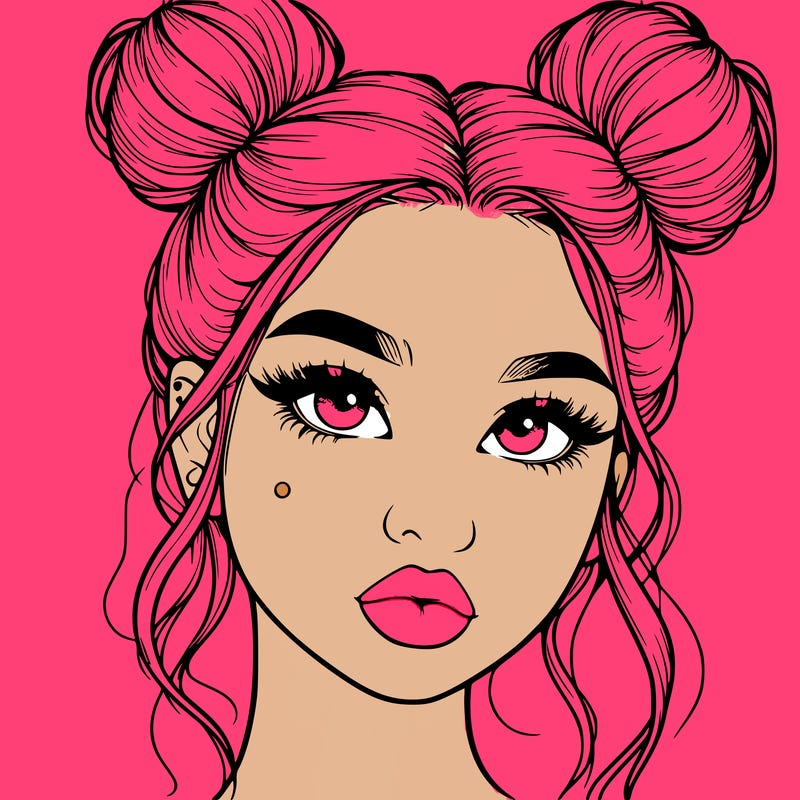 realistic girl with two buns on her hair and lips
