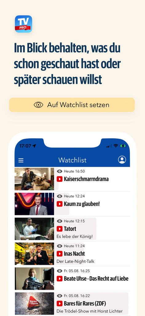 TV Pro TV-Programm + Mediathek - TV Pro app interface showing the watchlist feature with German television programs