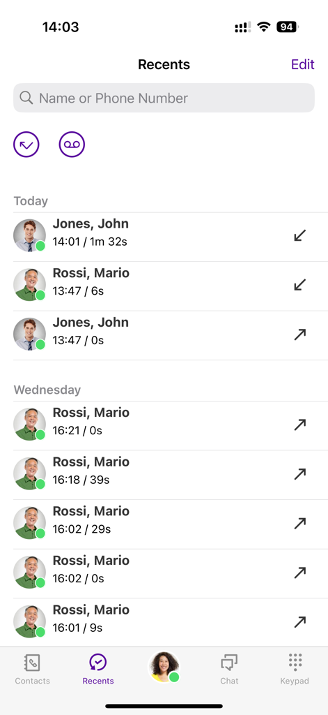 Swyx Mobile App-Oberfläche mit Anrufliste und Präsenzstatus des Benutzers
