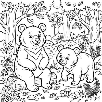 Embark on a creative journey with this delightful coloring page featuring a charming Asiatic black bear and its cub in a lush forest. Designed especially for kids aged 4-8, this illustration offers balanced line weights and moderate detail for an enjoyable coloring experience.