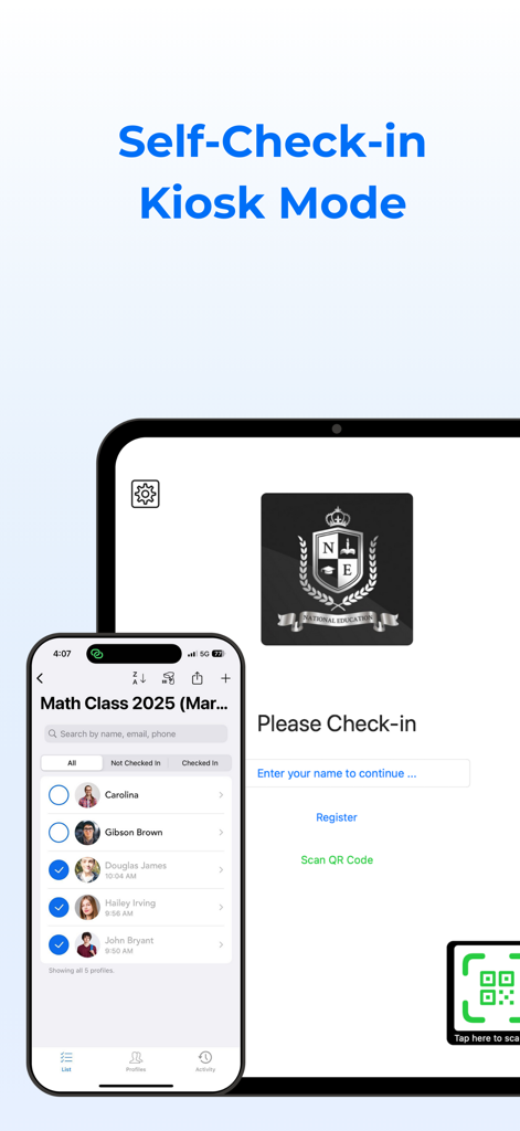 OneTap Check-In app interface showing self-check-in kiosk mode on an iPad and an attendance list on an iPhone.