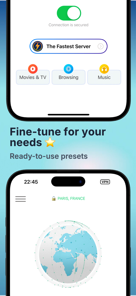 VPN Global Guard - Interface of VPN Global Guard app showing connection presets for browsing and music with a secured server connection.