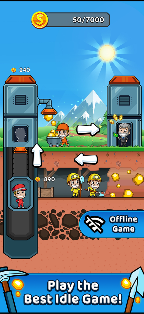 Gameplay screenshot of Idle Miner Tycoon showing miners collecting gold and manager automation on the surface
