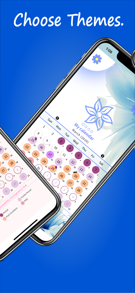 Calendário do Ciclo Menstrual - Menstrual cycle calendar app showing customizable themes on a smartphone screen.